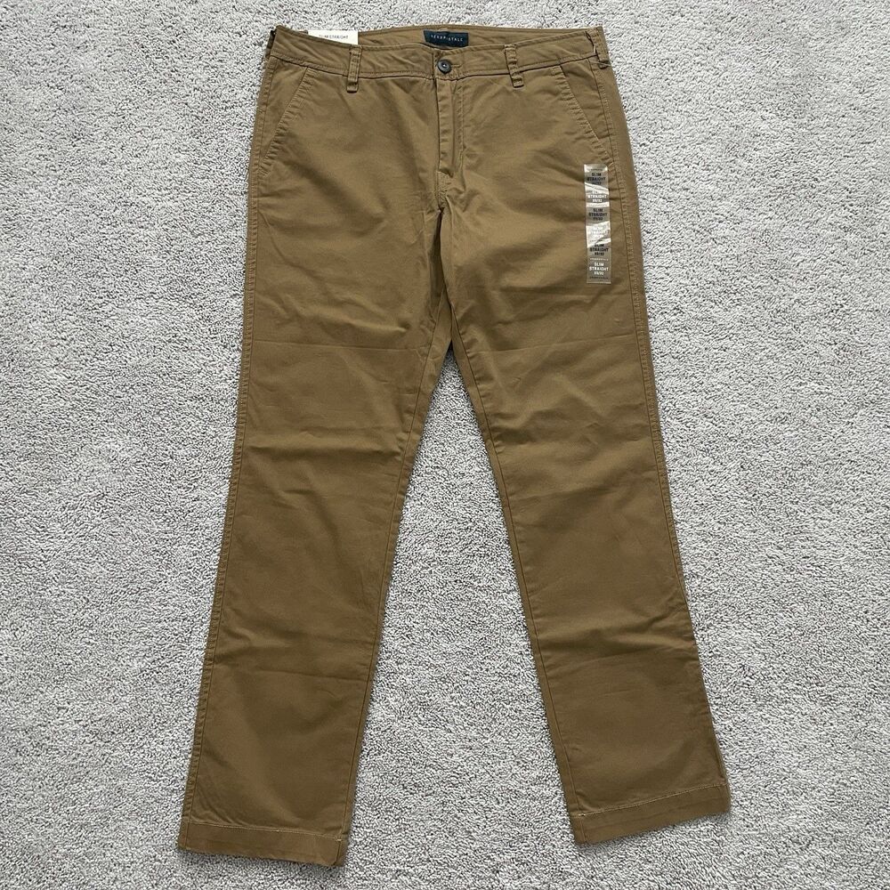 New Aeropostale Chino Pants Mens 33x32 Slim Straight Leg Brown Stretch LXSTCH69